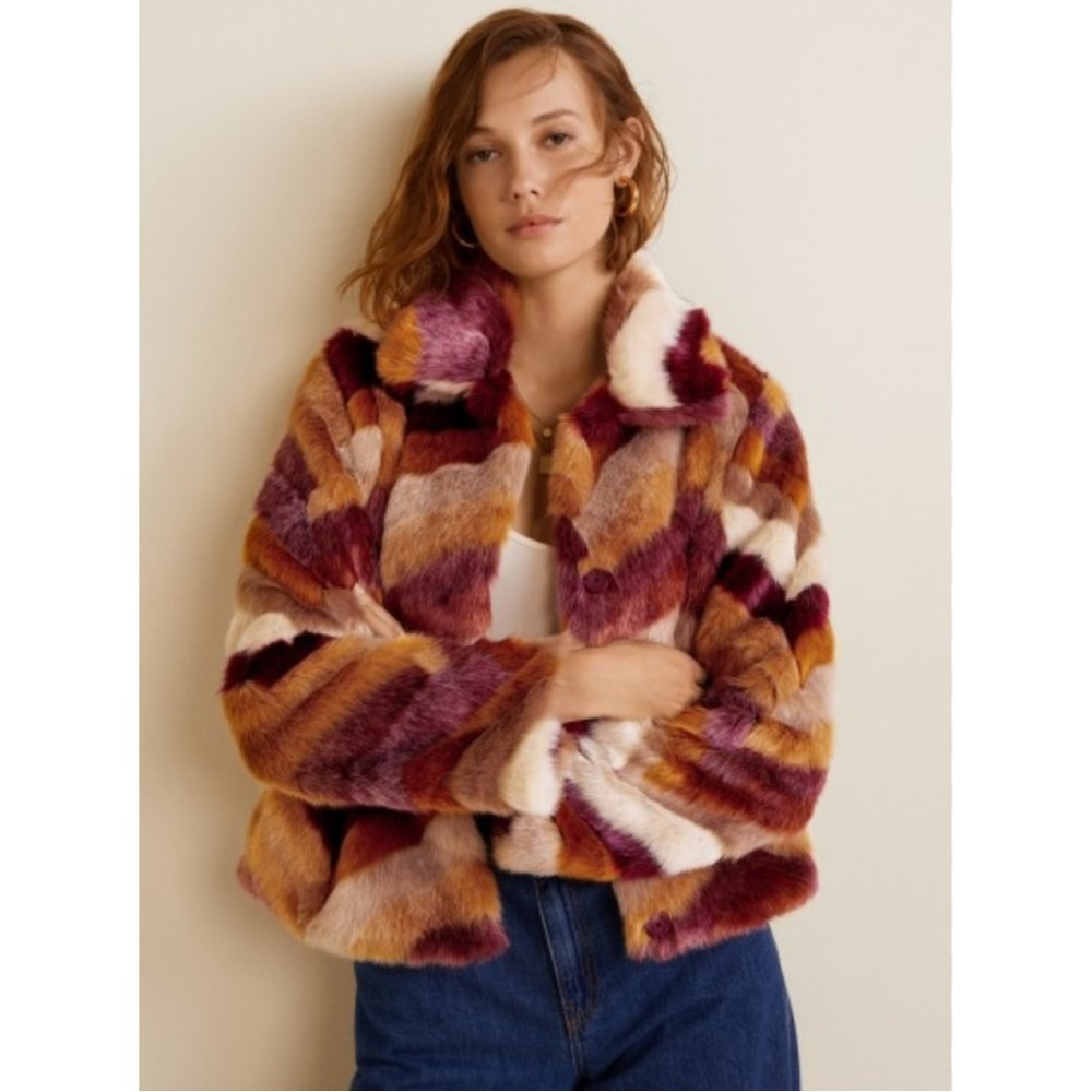 Mango Multicolor Faux Fur Jacket - Burgundy, Tan & Cream